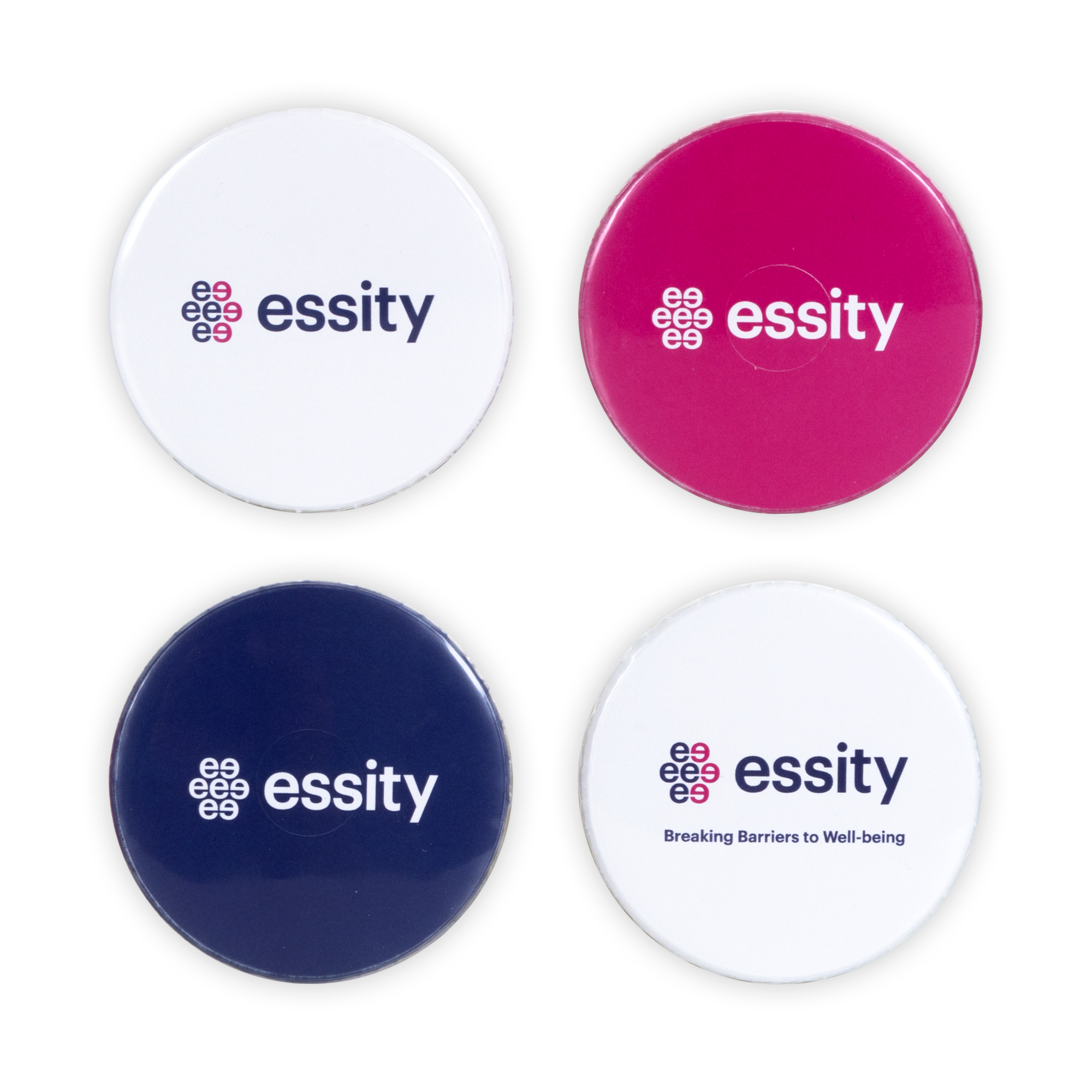 essity pins in white, magenta and purple