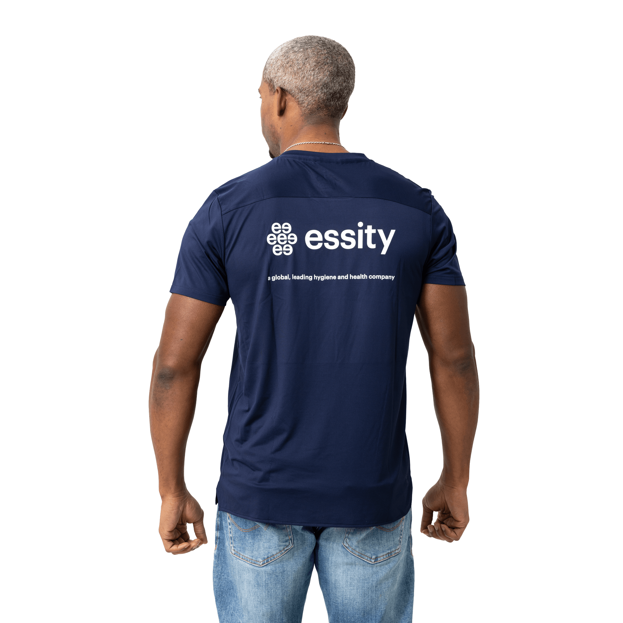 essity tshirt with white logo on the back