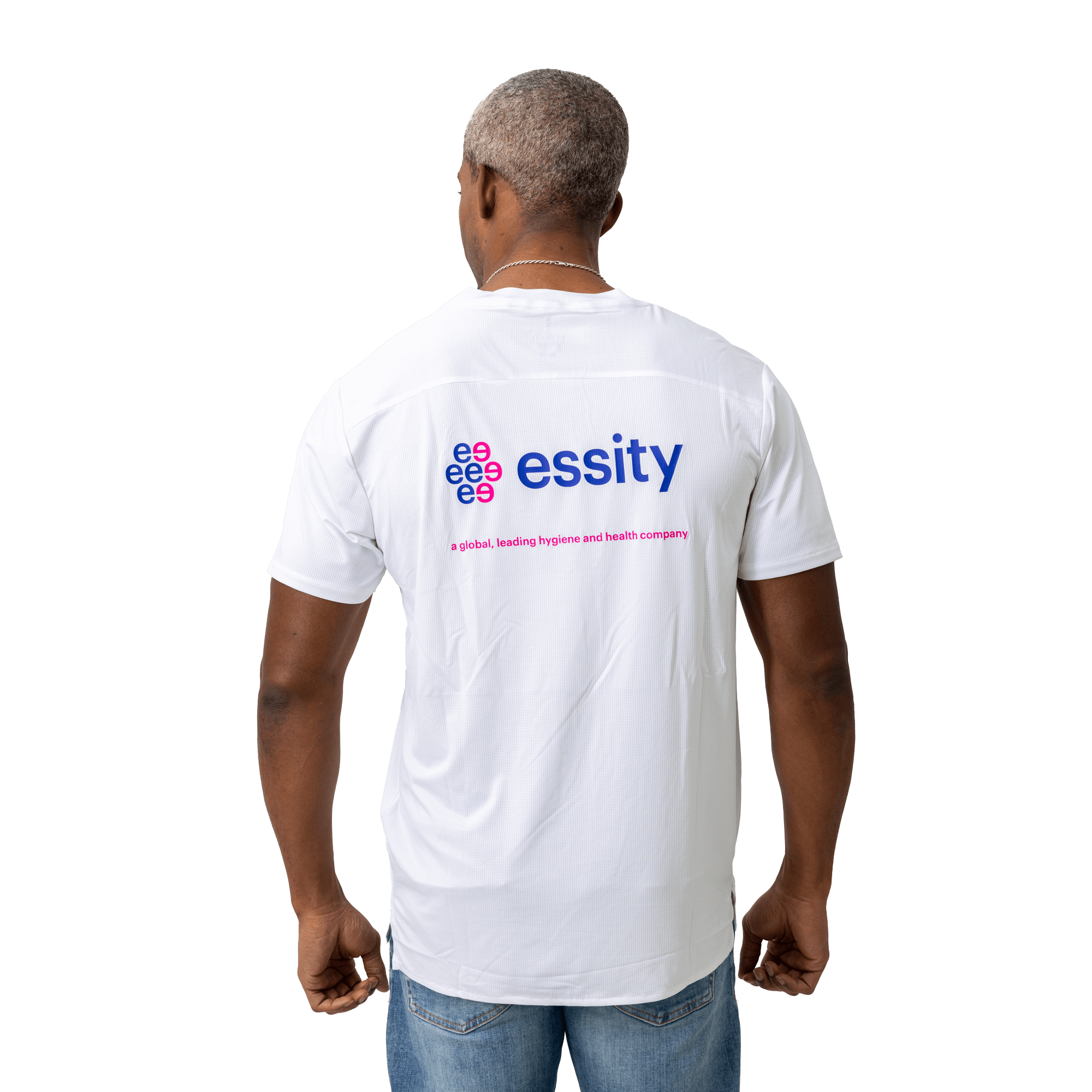 white essity tshirt with logo on the back