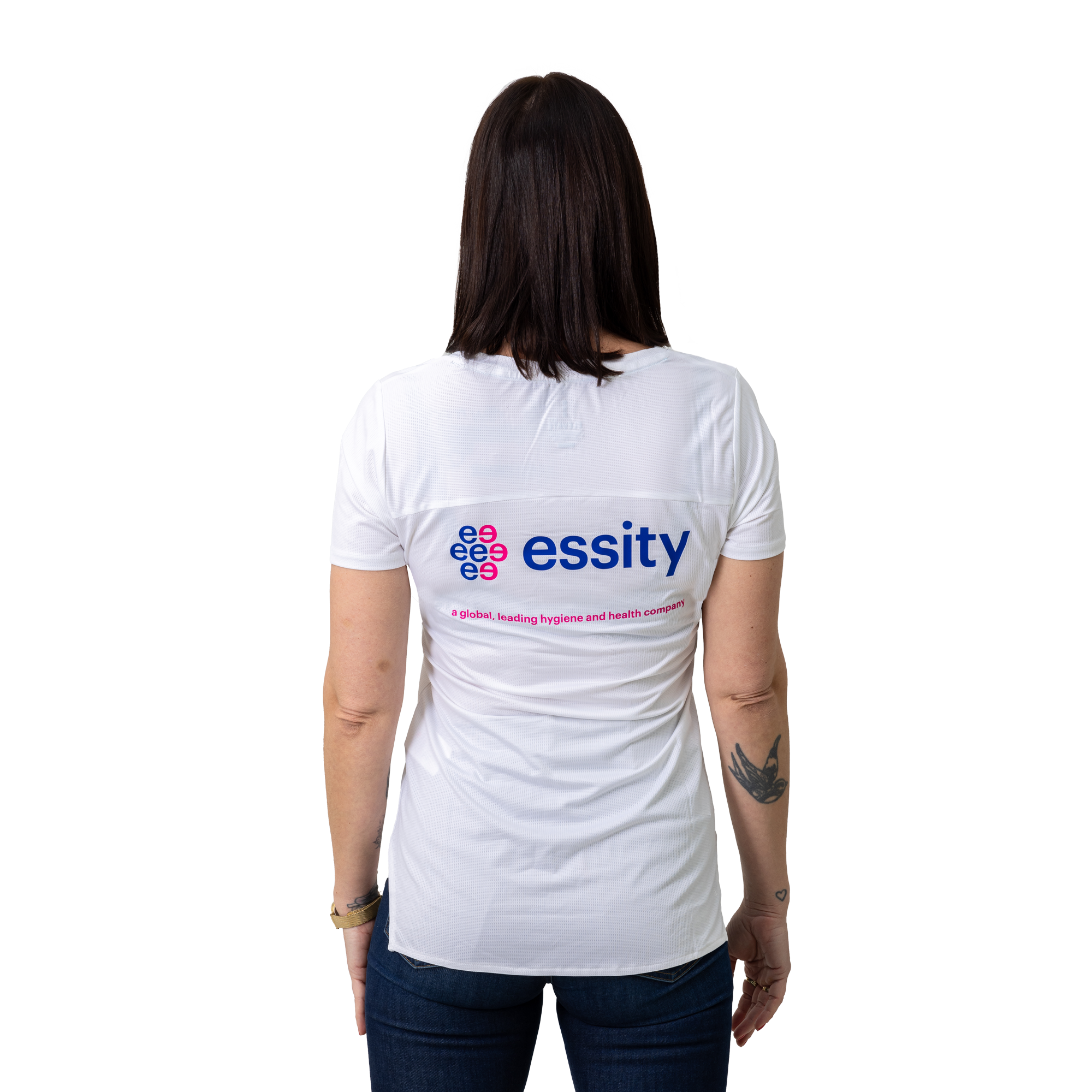 white essity tshirt with logo on the back