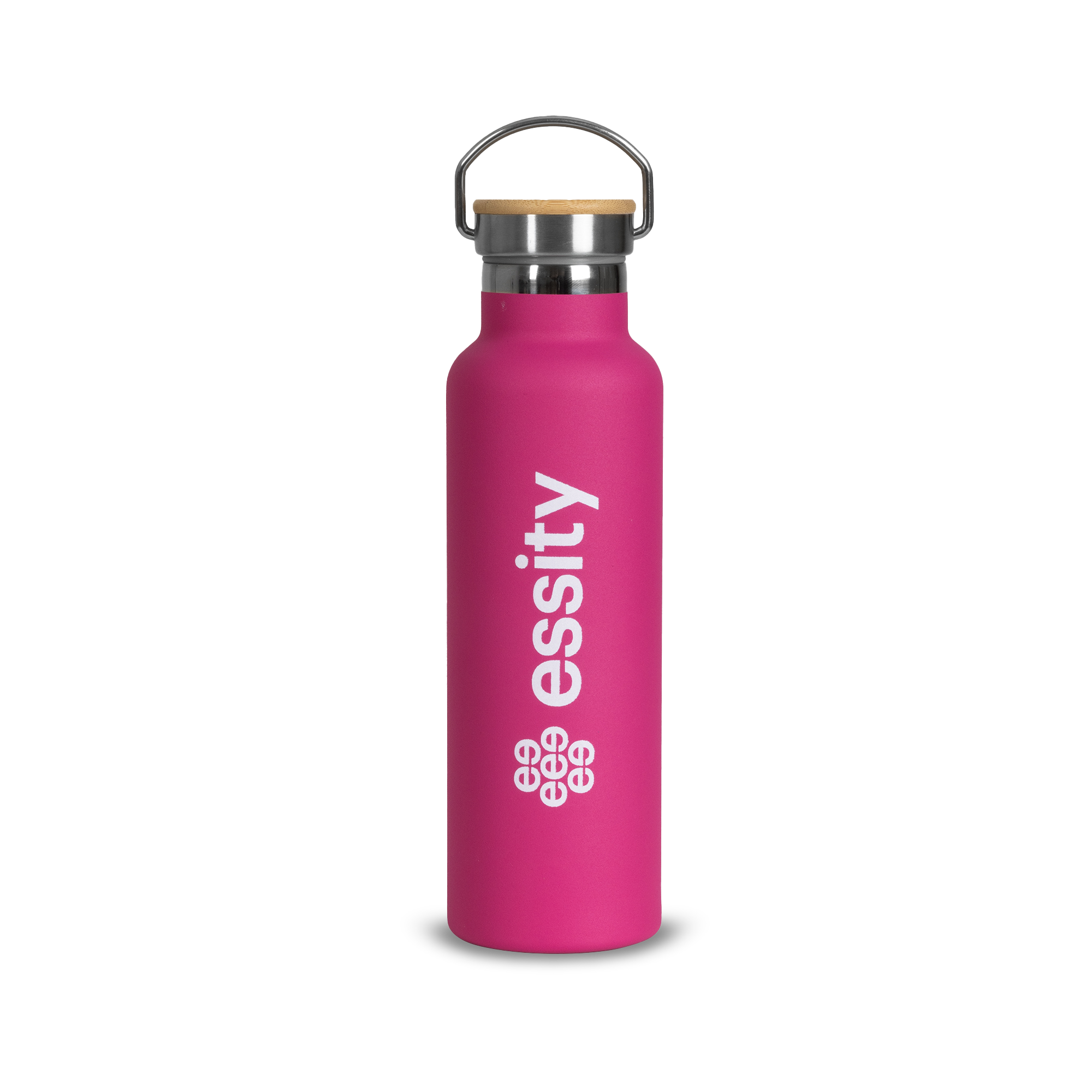 magenta thermo bottle with white essity logo