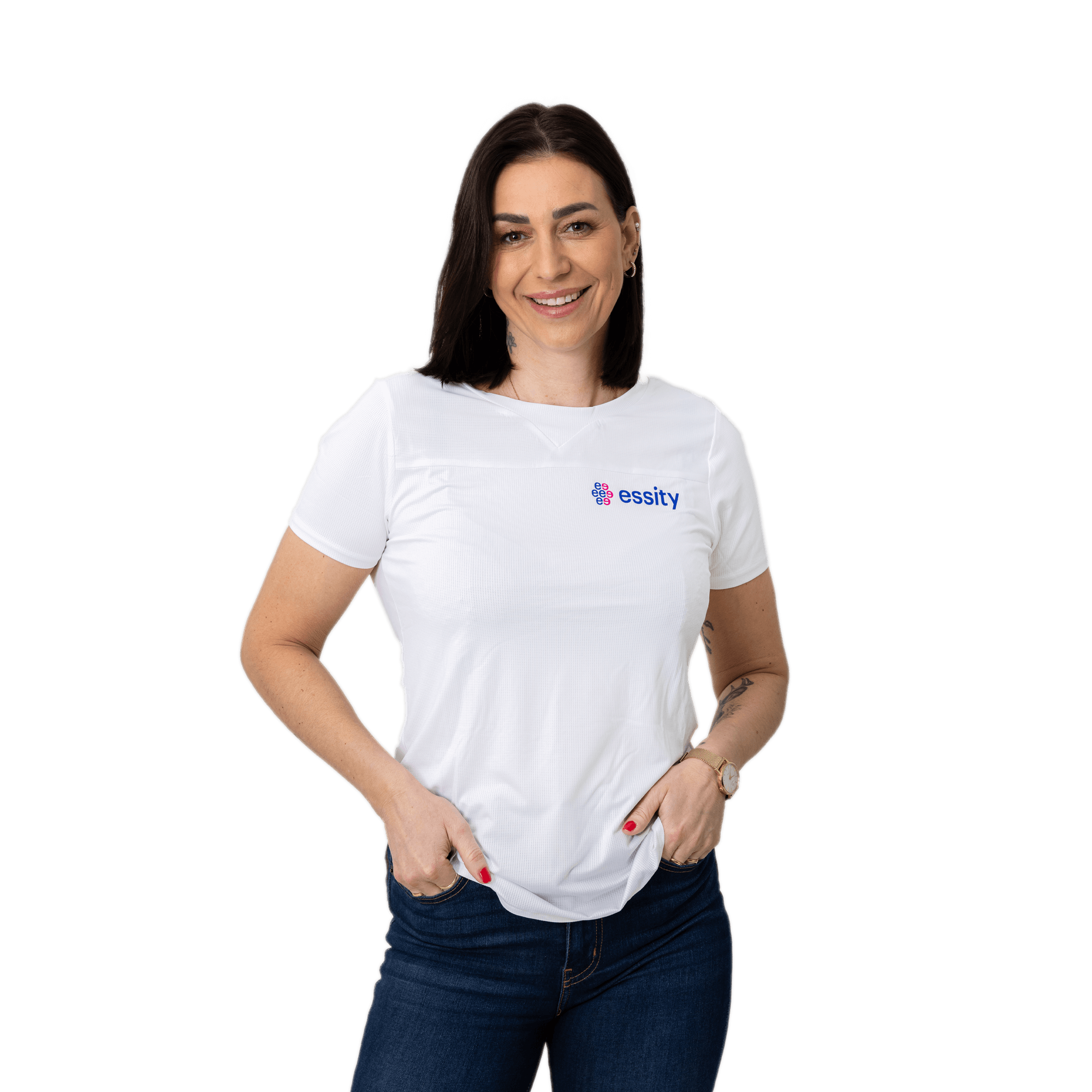 white essity tshirt with logo